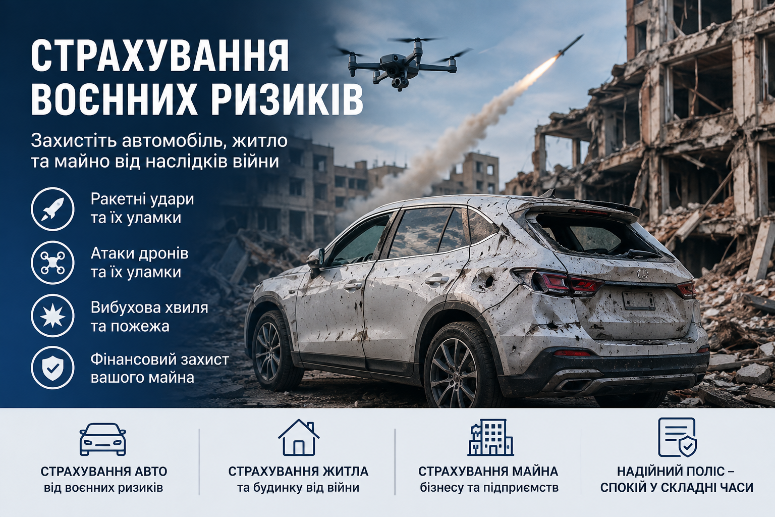 Страхування воєнних ризиків в Україні у 2026 році: що покриває поліс